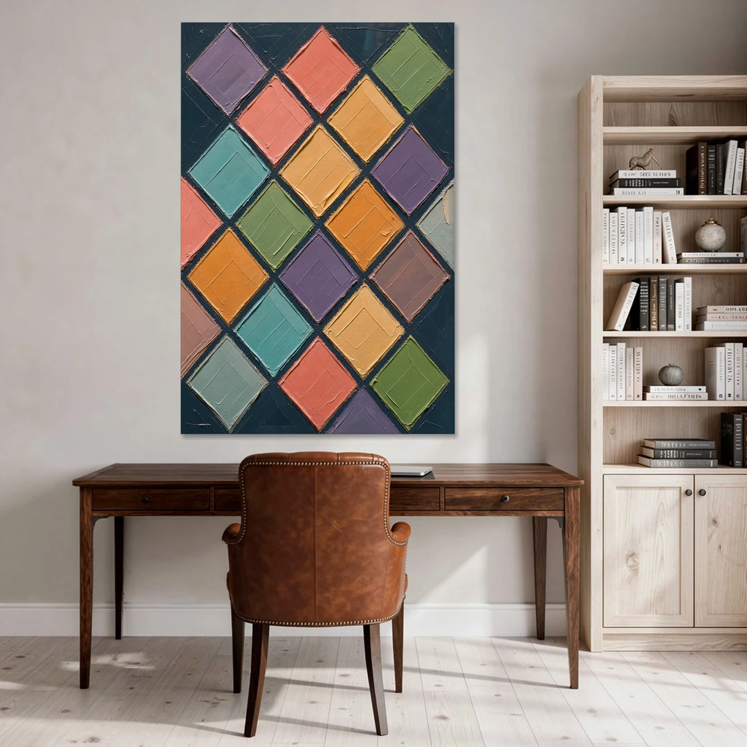 Multicolor Abstract Harlequin Diamond Impasto - Canvas Wall Art - Office - 40x60
