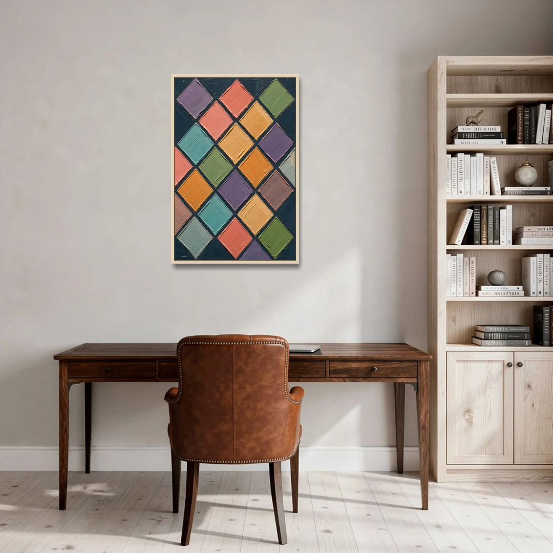 Multicolor Abstract Harlequin Diamond Impasto - Oak Framed Canvas Wall Art - Office - 24x36