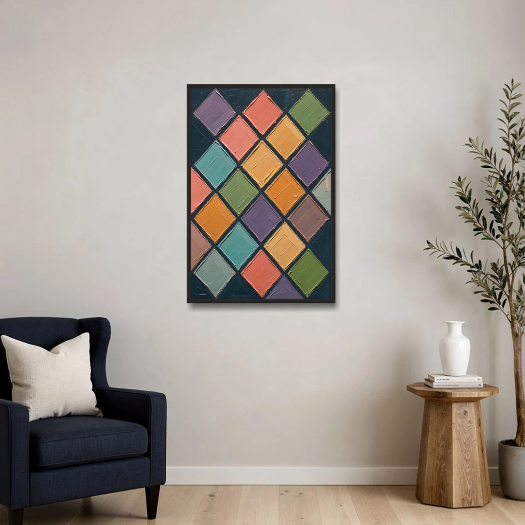 Multicolor Abstract Harlequin Diamond Impasto - Black Framed Canvas Wall Art - Sofa - 24x36