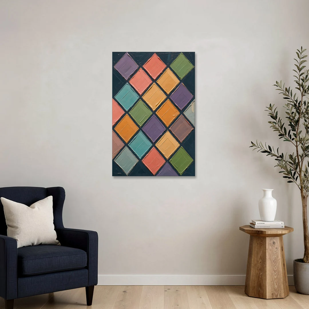 Multicolor Abstract Harlequin Diamond Impasto - Canvas Wall Art - Sofa - 24x36