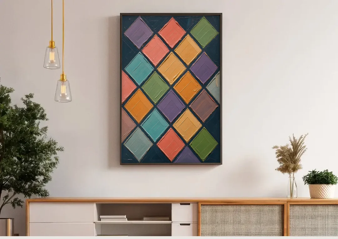 Multicolor Abstract Harlequin Diamond Impasto canvas wall art above a wooden sideboard under pendant lights