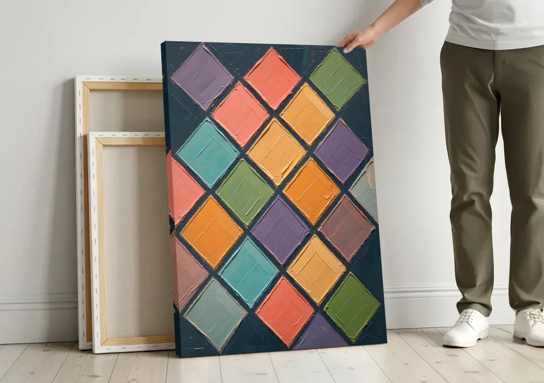 Multicolor Abstract Harlequin Diamond Impasto canvas wall art leaning against a wall next to blank canvases