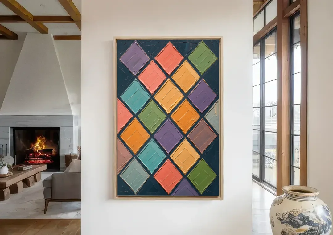 Multicolor Abstract Harlequin Diamond Impasto canvas wall art in a living room with a fireplace