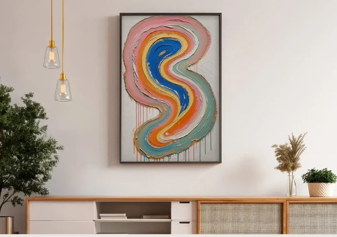 Multicolor Abstract Painting of Agate Ribbons canvas wall art above a wooden sideboard under pendant lights