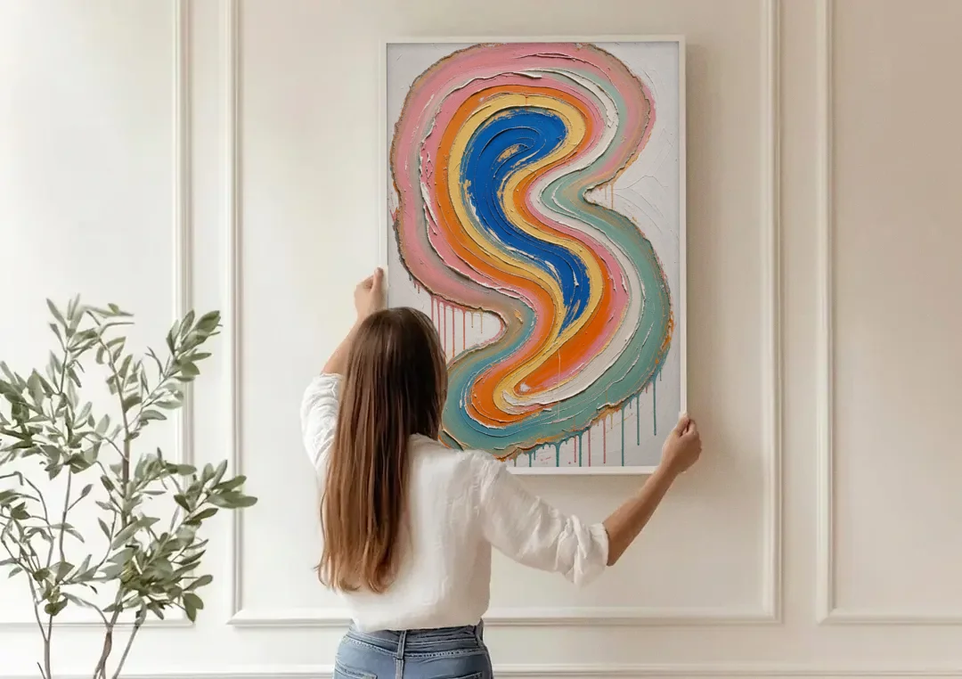 Multicolor Abstract Painting of Agate Ribbons canvas wall art being hung on a paneled wall