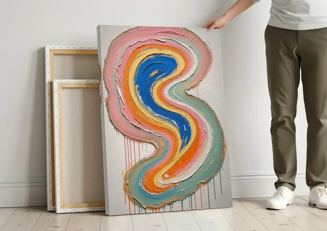 Multicolor Abstract Painting of Agate Ribbons canvas wall art leaning against a wall next to blank canvases