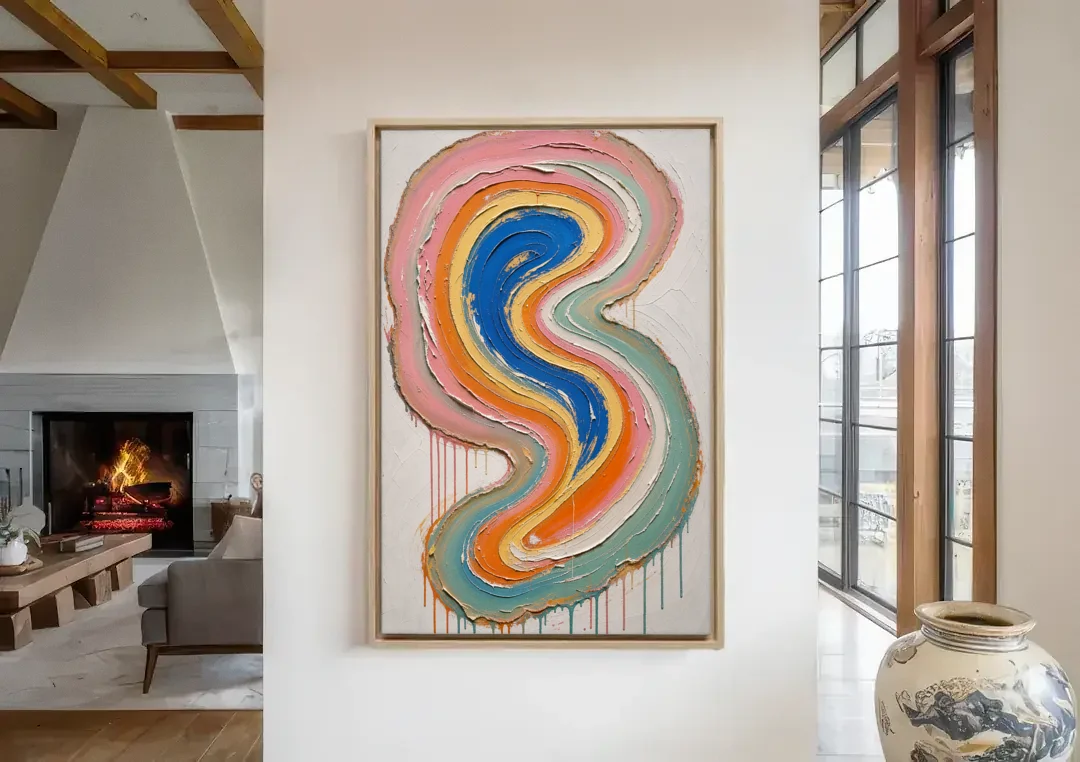 Multicolor Abstract Painting of Agate Ribbons canvas wall art in a living room with a fireplace