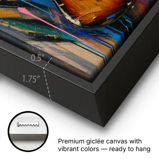 Music Room Sunburst Guitar in Radiating Color - Black Framed Canvas Wall Art - Gallery Wrap Corner