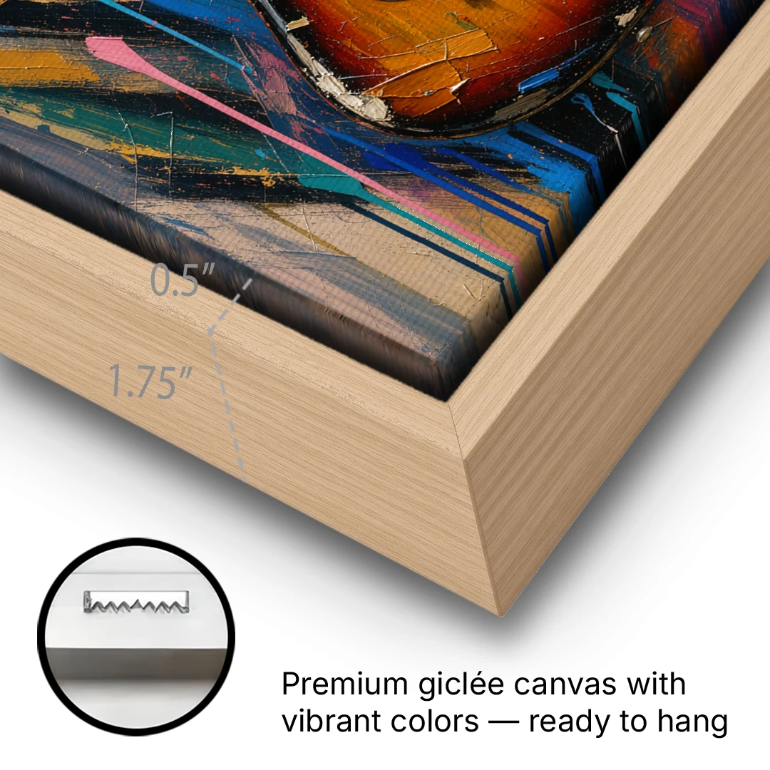Music Room Sunburst Guitar in Radiating Color - Oak Framed Canvas Wall Art - Gallery Wrap Corner