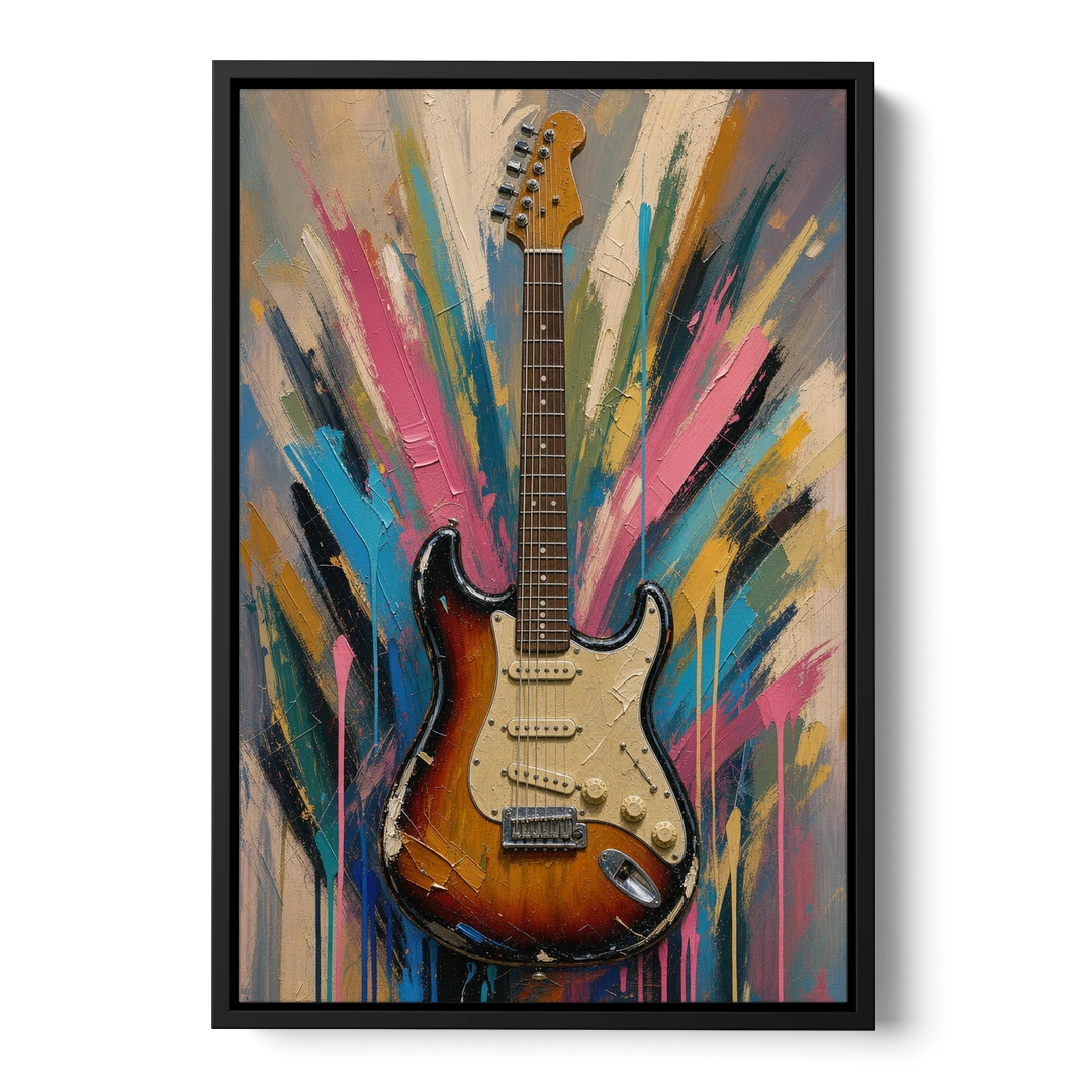 Music Room Sunburst Guitar in Radiating Color - Black Framed Canvas Wall Art - Front
