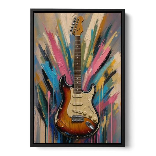 Music Room Sunburst Guitar in Radiating Color - Black Framed Canvas Wall Art - Front