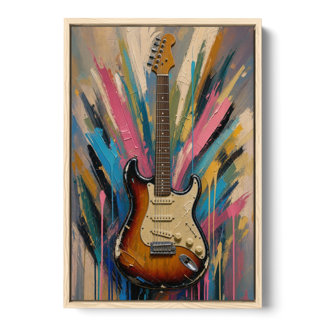 Music Room Sunburst Guitar in Radiating Color - Oak Framed Canvas Wall Art - Front