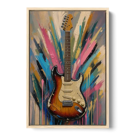 Music Room Sunburst Guitar in Radiating Color - Oak Framed Canvas Wall Art - Front