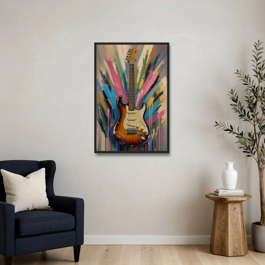 Music Room Sunburst Guitar in Radiating Color - Black Framed Canvas Wall Art - Sofa - 24x36