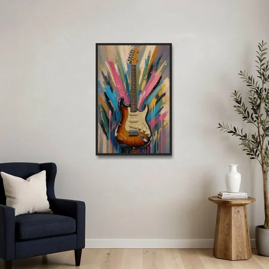 Music Room Sunburst Guitar in Radiating Color - Black Framed Canvas Wall Art - Sofa - 24x36