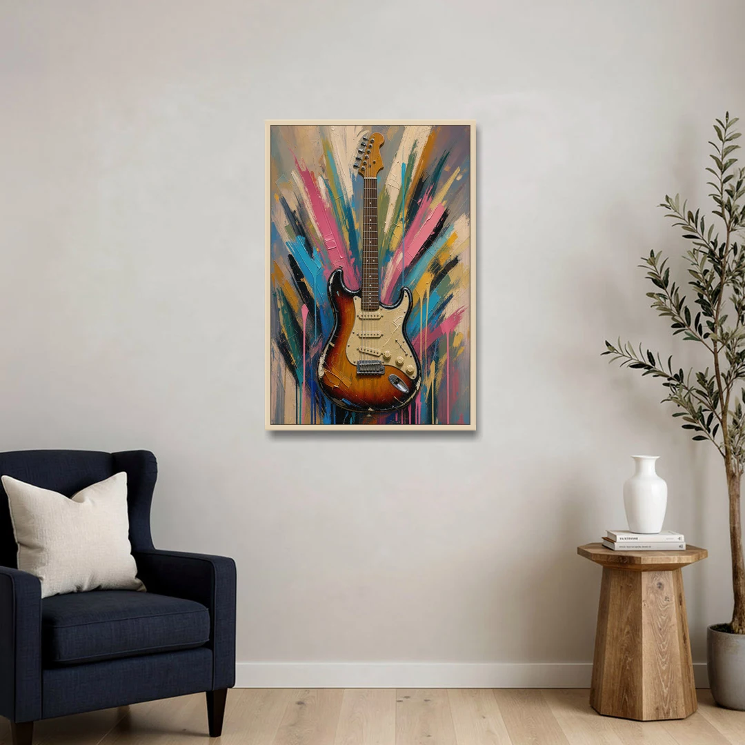 Music Room Sunburst Guitar in Radiating Color - Oak Framed Canvas Wall Art - Sofa - 24x36