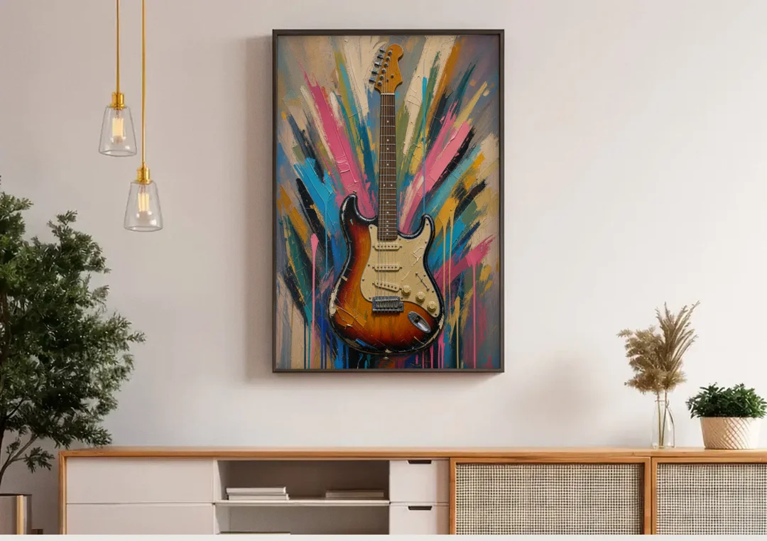 Music Room Sunburst Guitar in Radiating Color canvas wall art above a wooden sideboard under pendant lights