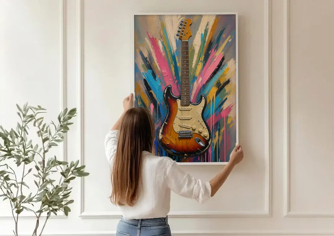 Music Room Sunburst Guitar in Radiating Color canvas wall art being hung on a paneled wall
