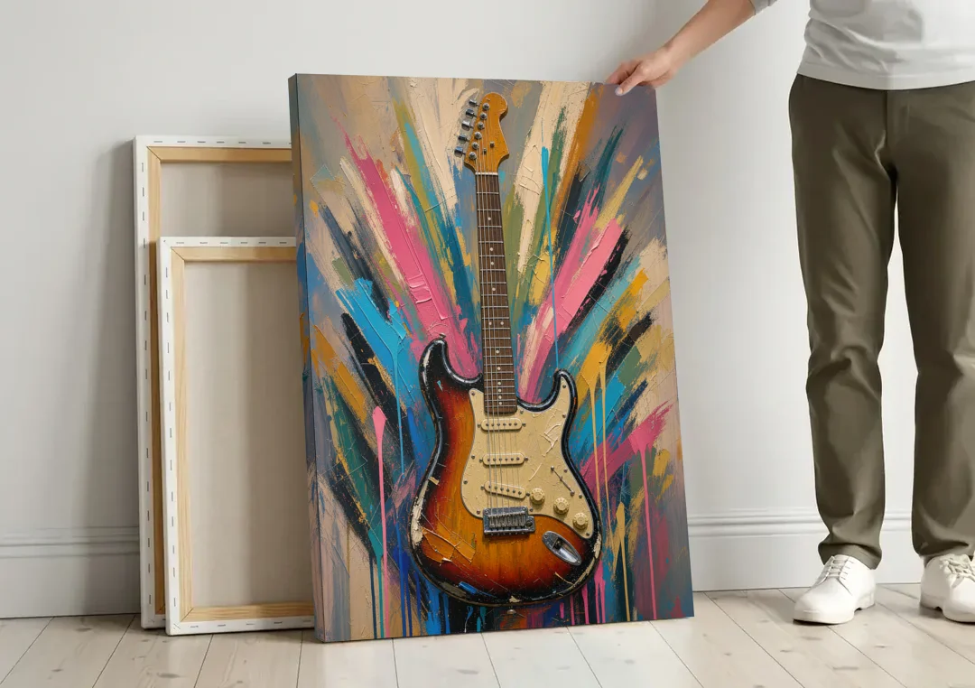 Music Room Sunburst Guitar in Radiating Color canvas wall art leaning against a wall next to blank canvases