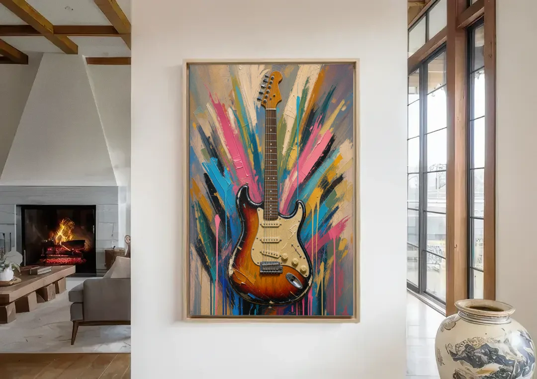 Music Room Sunburst Guitar in Radiating Color canvas wall art in a living room with a fireplace