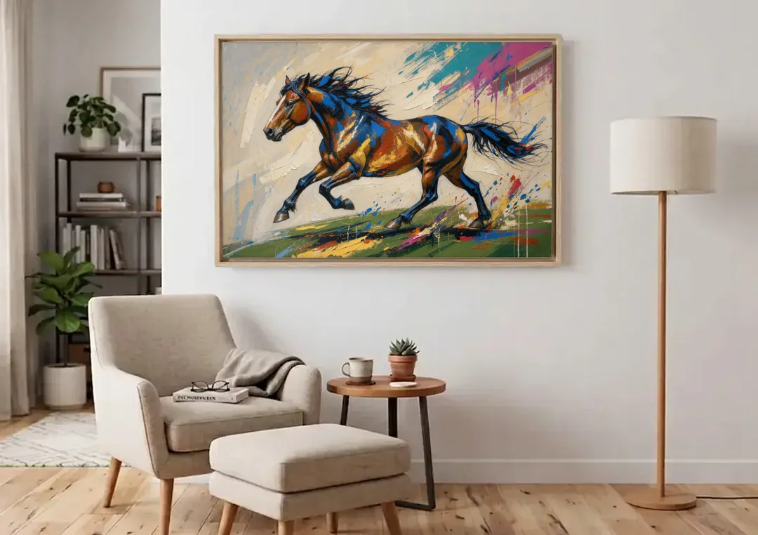 Mustang Painting in Clashing Primaries canvas wall art above an armchair in a bright living room