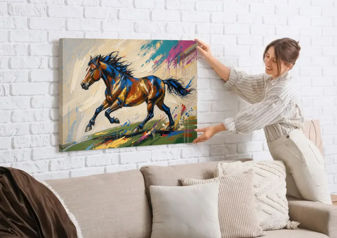 Mustang Painting in Clashing Primaries canvas wall art being hung on a white brick wall above a sofa