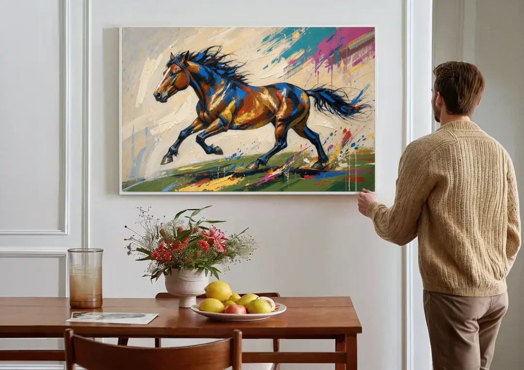 Mustang Painting in Clashing Primaries canvas wall art above a dining table