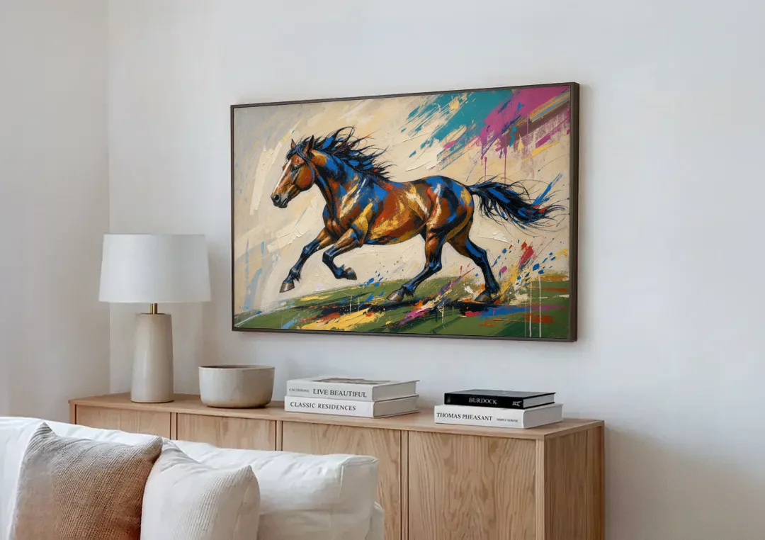 Mustang Painting in Clashing Primaries canvas wall art above a wooden sideboard next to a sofa