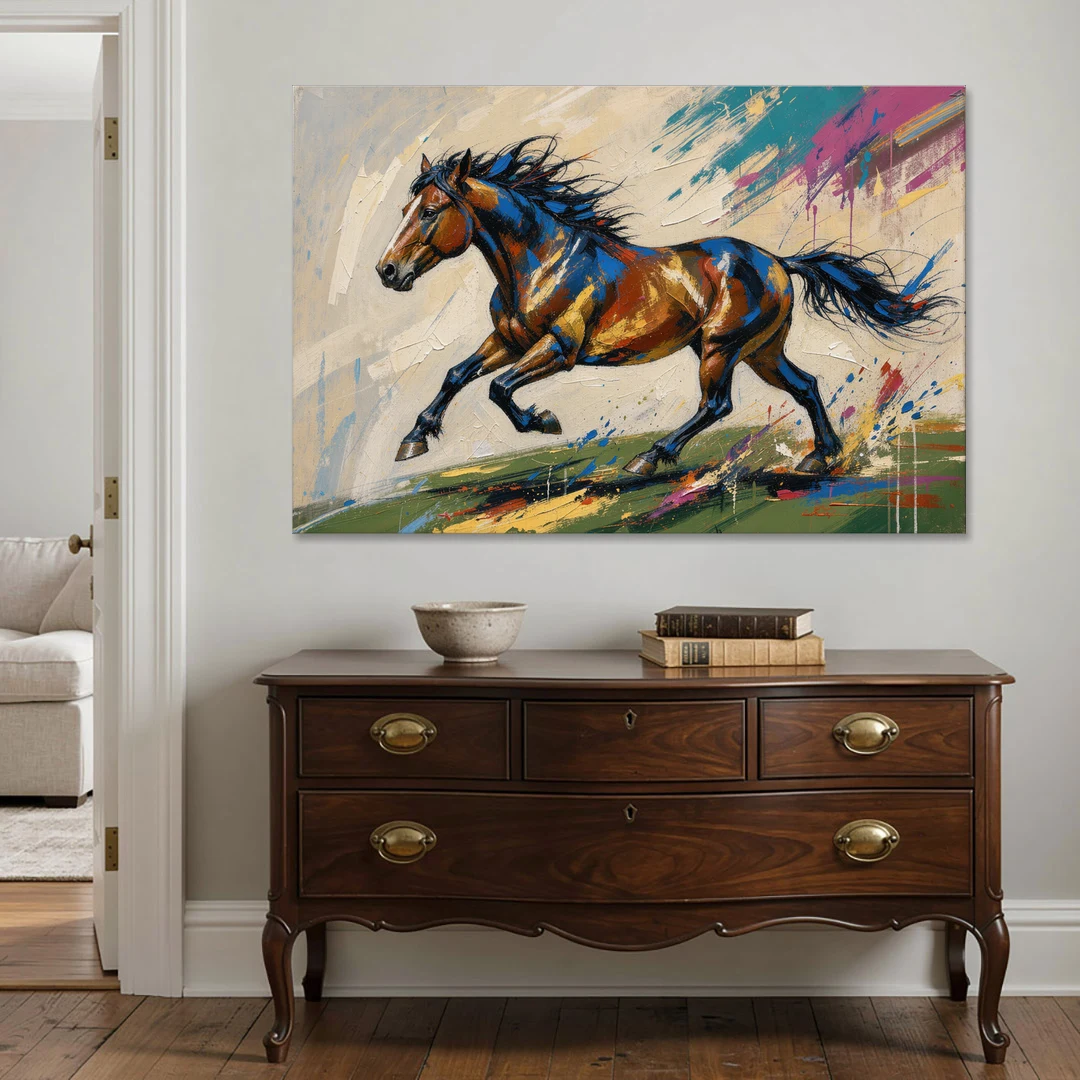 Mustang Painting in Clashing Primaries - Canvas Wall Art - Coffee Table - 60x40