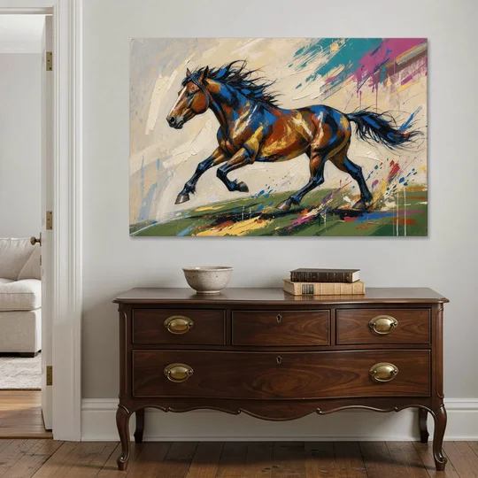 Mustang Painting in Clashing Primaries - Canvas Wall Art - Coffee Table - 60x40