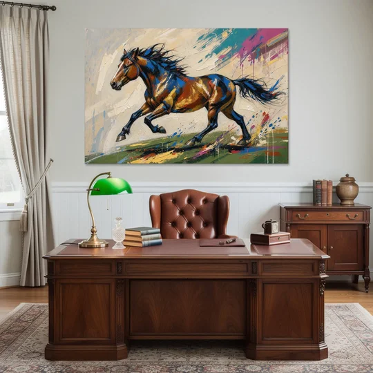 Mustang Painting in Clashing Primaries - Canvas Wall Art - Office - 60x40