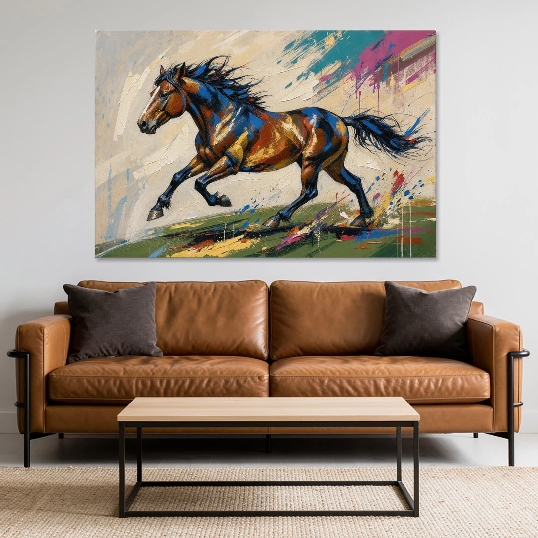 Mustang Painting in Clashing Primaries - Canvas Wall Art - Sofa - 60x40
