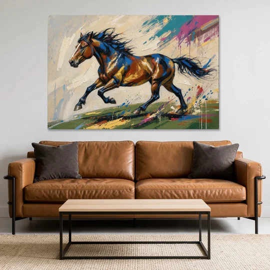 Mustang Painting in Clashing Primaries - Canvas Wall Art - Sofa - 60x40
