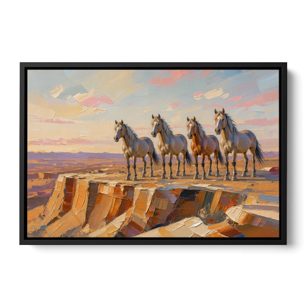 Mustang Wall Art with Four Horses at Golden Hour - Black Framed Canvas Wall Art - Front