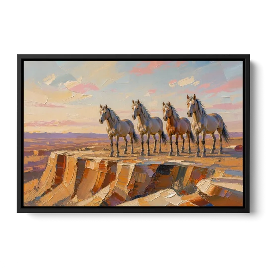 Mustang Wall Art with Four Horses at Golden Hour - Black Framed Canvas Wall Art - Front