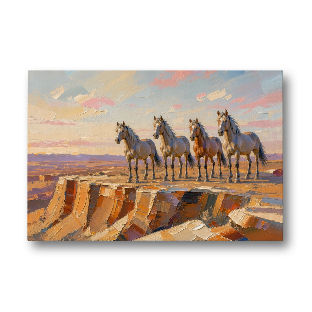 Mustang Wall Art with Four Horses at Golden Hour - Canvas Wall Art - Front