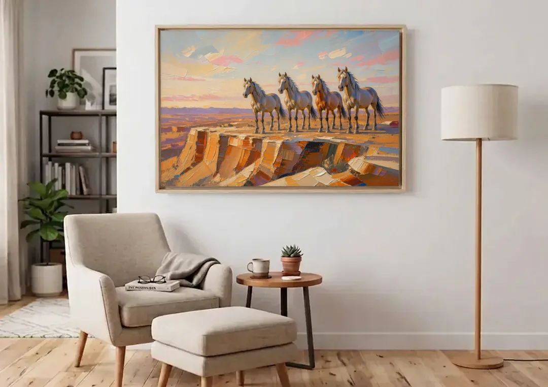 Mustang Wall Art with Four Horses at Golden Hour canvas wall art above an armchair in a bright living room