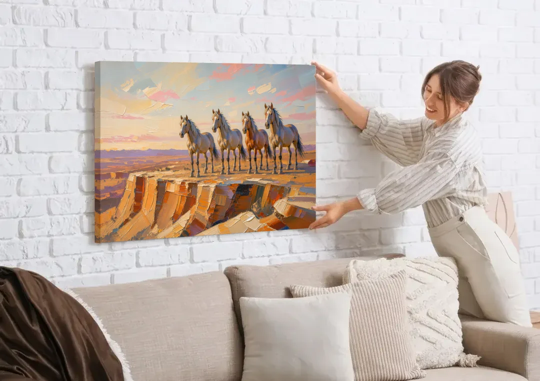 Mustang Wall Art with Four Horses at Golden Hour canvas wall art being hung on a white brick wall above a sofa