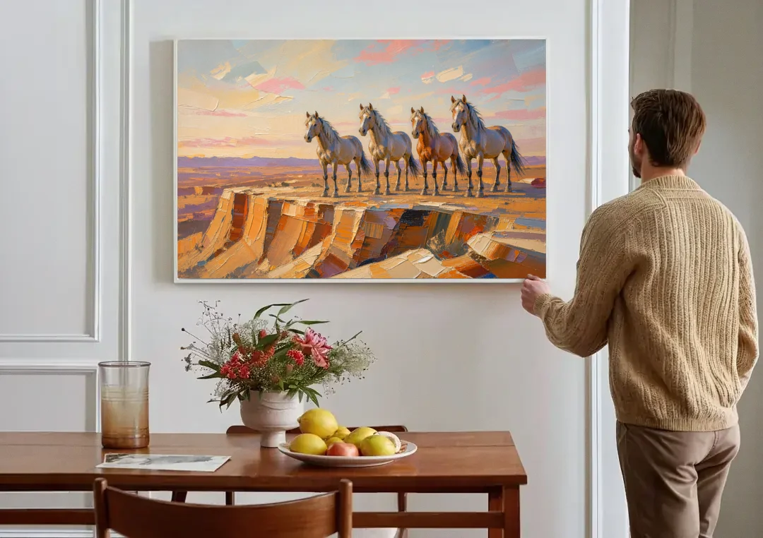 Mustang Wall Art with Four Horses at Golden Hour canvas wall art above a dining table