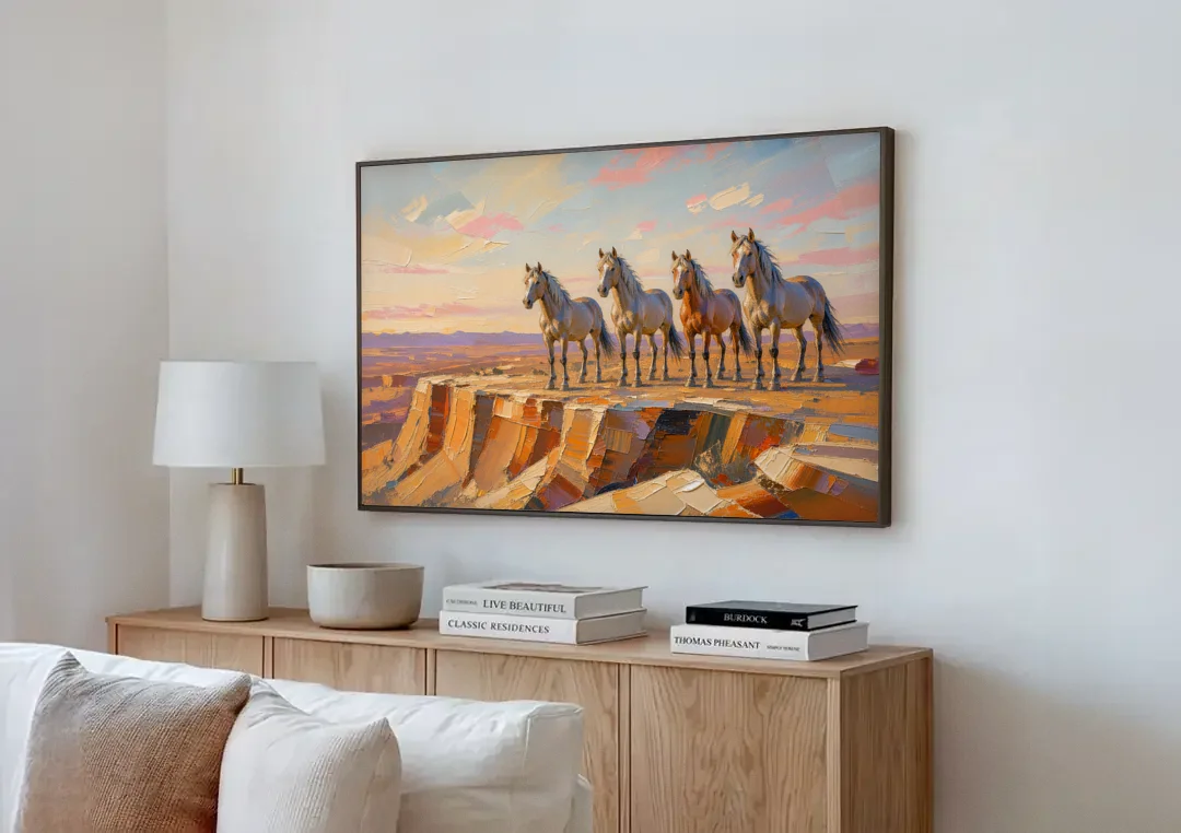 Mustang Wall Art with Four Horses at Golden Hour canvas wall art above a wooden sideboard next to a sofa