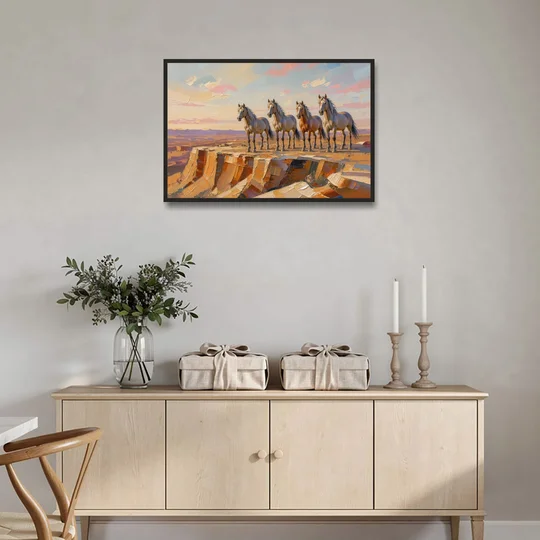 Mustang Wall Art with Four Horses at Golden Hour - Black Framed Canvas Wall Art - Coffee Table - 36x24