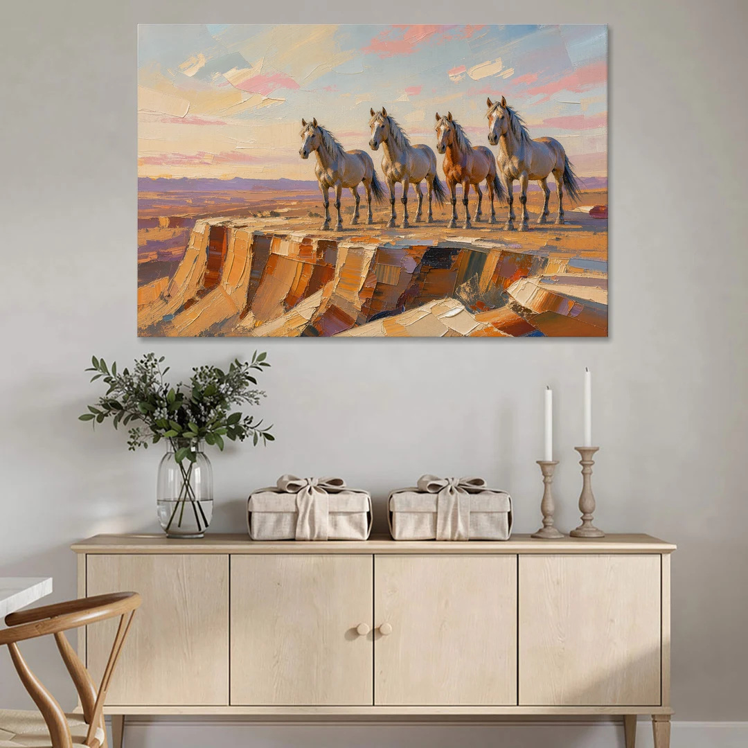 Mustang Wall Art with Four Horses at Golden Hour - Canvas Wall Art - Coffee Table - 60x40