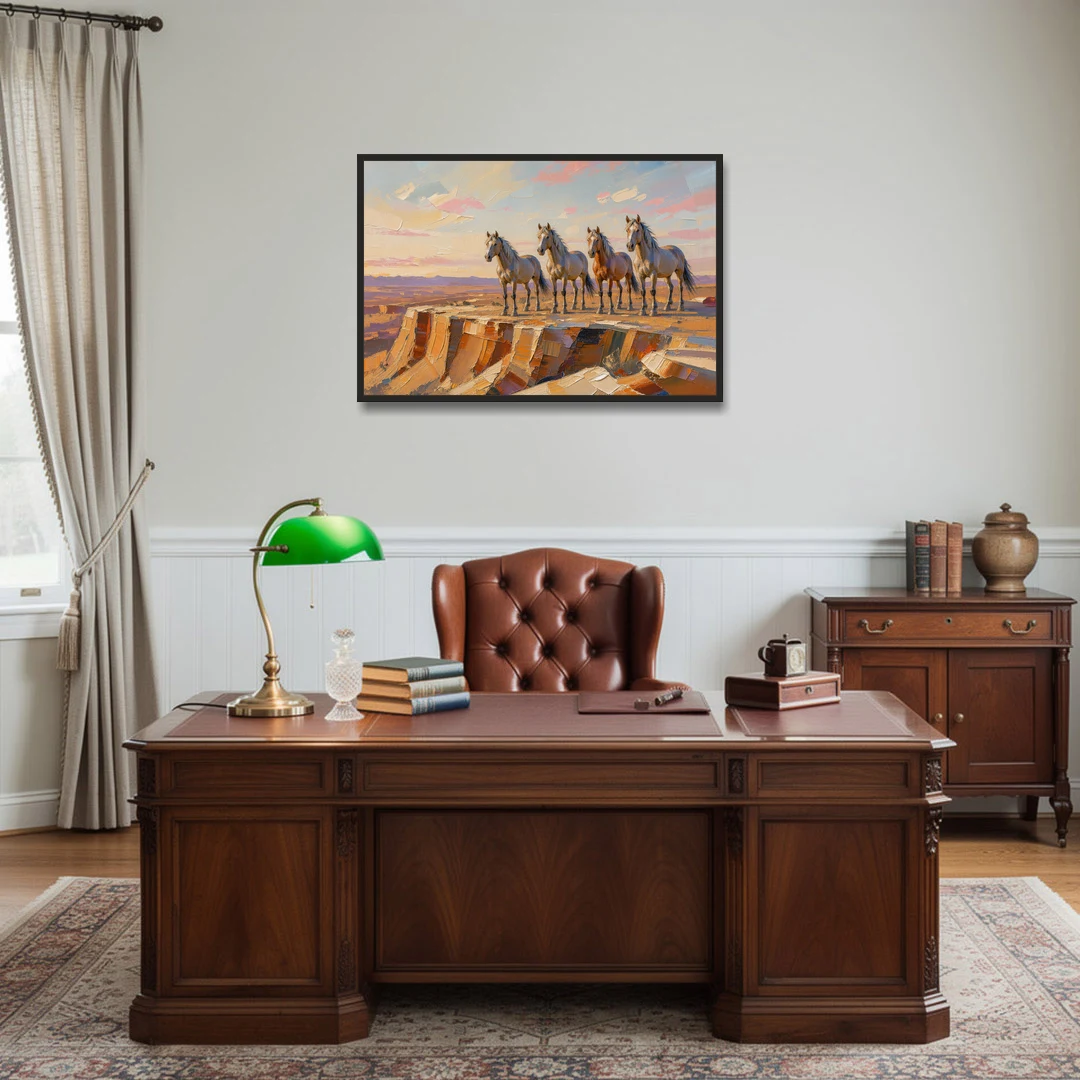 Mustang Wall Art with Four Horses at Golden Hour - Black Framed Canvas Wall Art - Office - 36x24