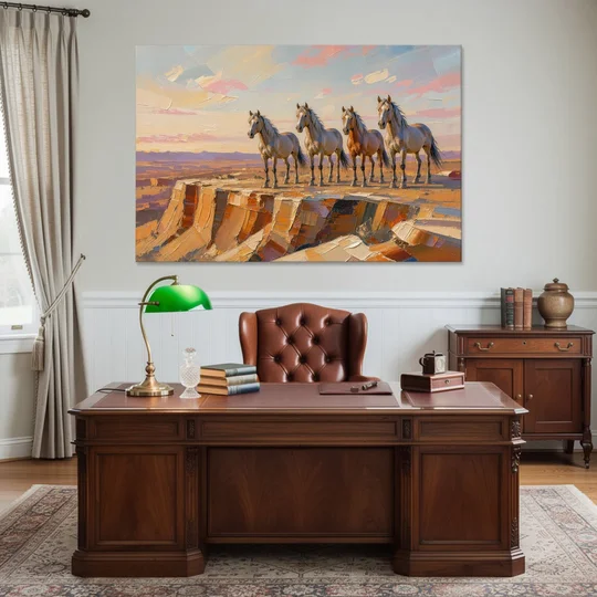 Mustang Wall Art with Four Horses at Golden Hour - Canvas Wall Art - Office - 60x40