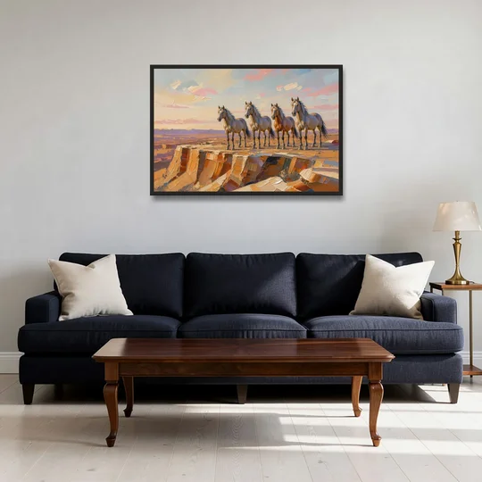 Mustang Wall Art with Four Horses at Golden Hour - Black Framed Canvas Wall Art - Sofa - 36x24