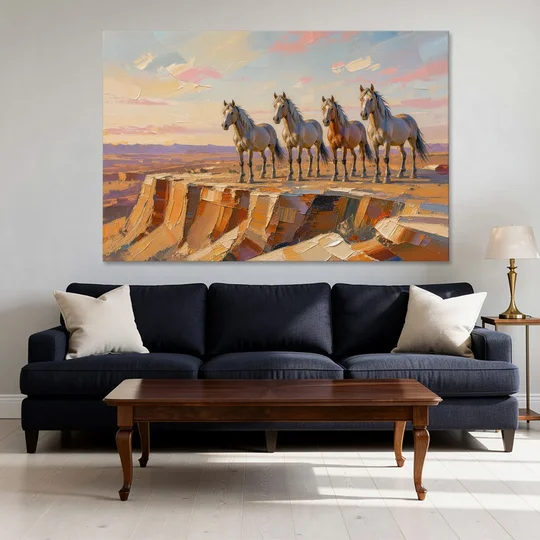 Mustang Wall Art with Four Horses at Golden Hour - Canvas Wall Art - Sofa - 60x40