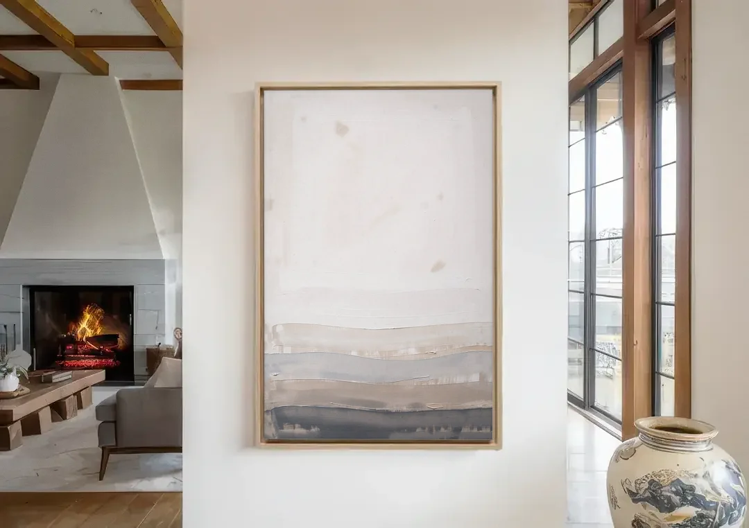 Muted Abstract Wall Art of Rising Morning Haze canvas wall art in a living room with a fireplace