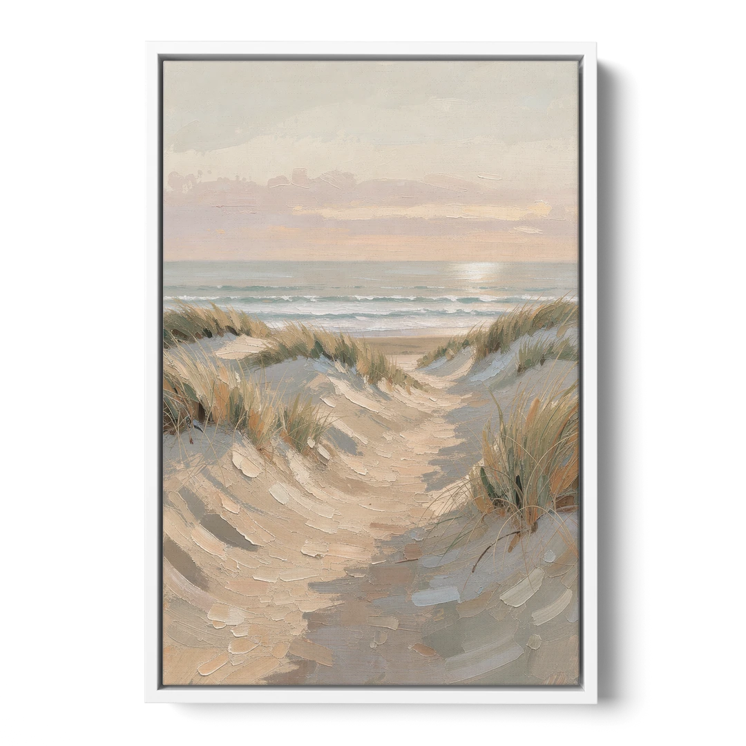 Muted Landscape Painting of a Dune Path - White Framed Canvas Wall Art - Front