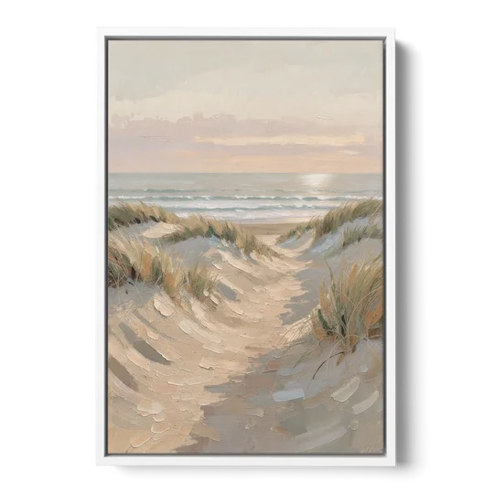 Muted Landscape Painting of a Dune Path - White Framed Canvas Wall Art - Front