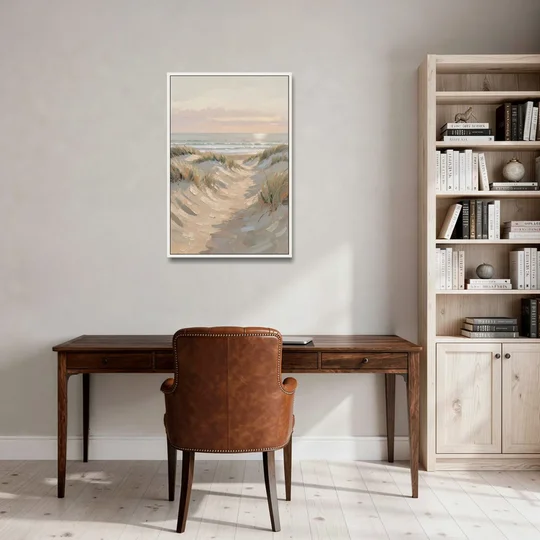 Muted Landscape Painting of a Dune Path - White Framed Canvas Wall Art - Office - 24x36